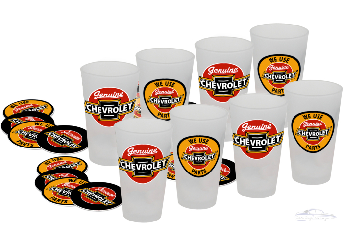 8 Chevrolet Pint Glasses with 16 Coasters