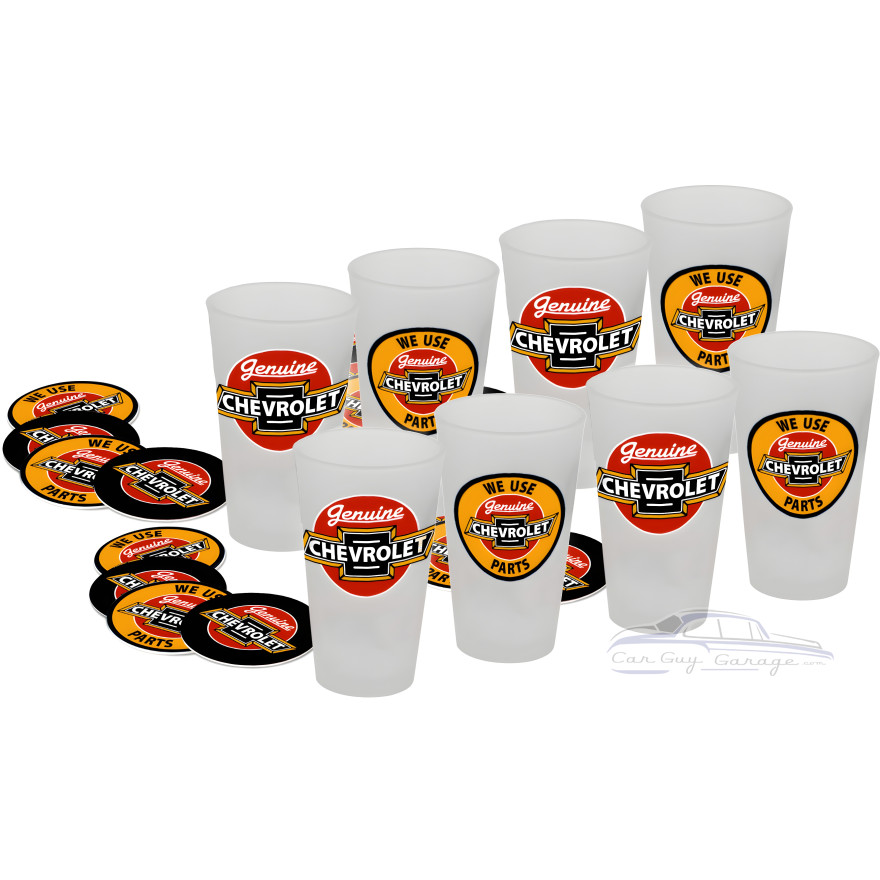 8 Chevrolet Pint Glasses with 16 Coasters 8 Chevrolet Pint Glasses with 16 Coasters