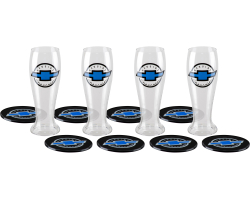 4 Genuine Chevrolet Pilsner Glasses with 8 Coasters