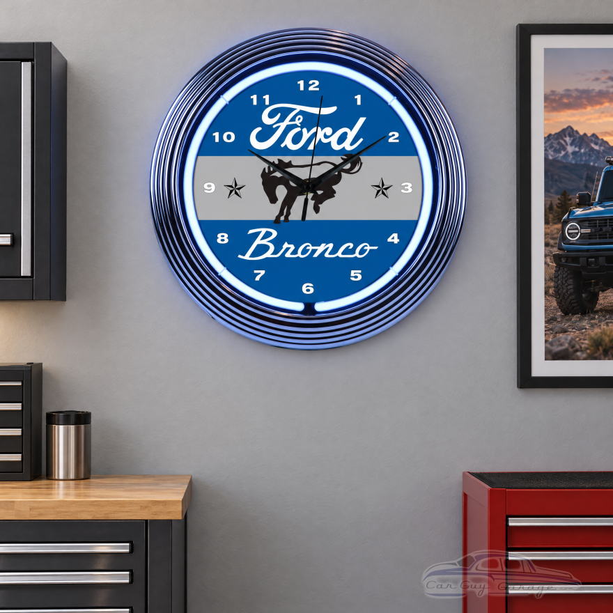 Ford Bronco Blue Neon Garage Wall Clock - 15 Inch Round