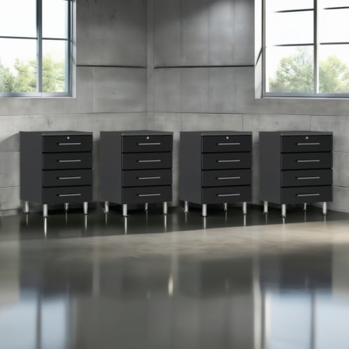 Black Modular Set of 4 Four Drawer Base Garage Cabinets