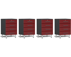 Red Modular Set of 4 Four Drawer Base Cabinets