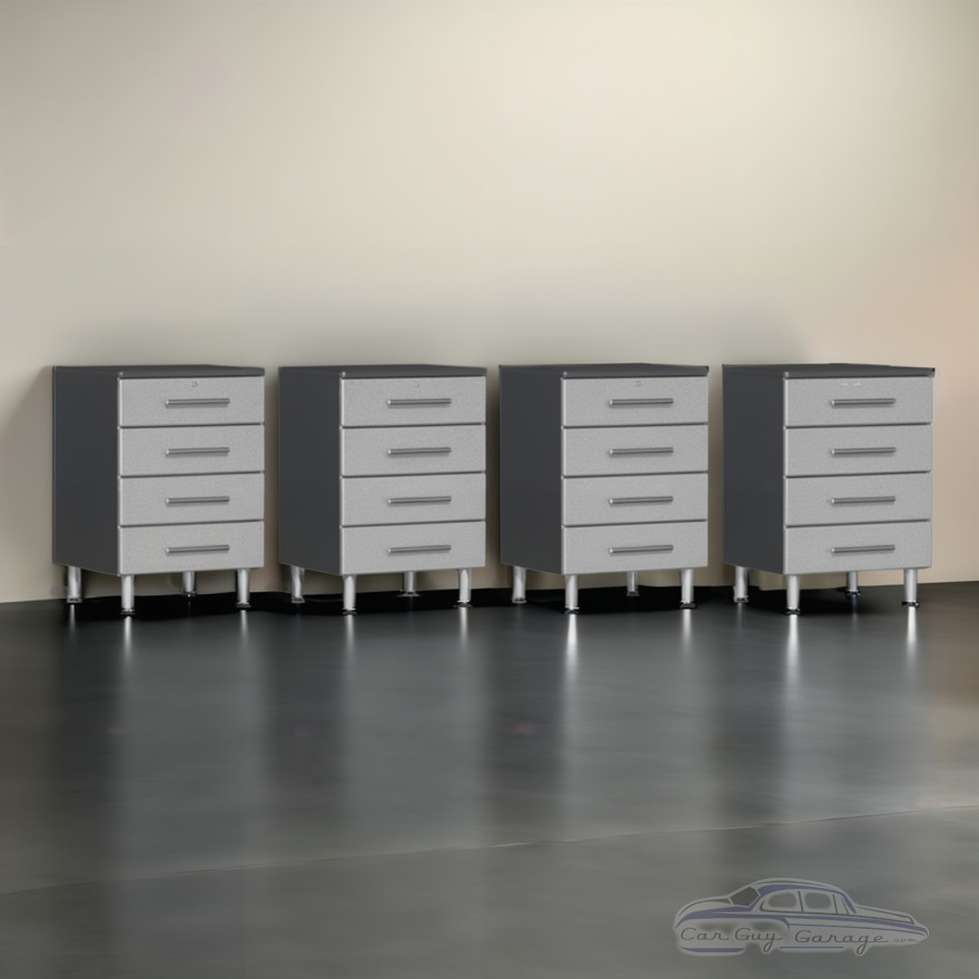 Silver Modular Set of 4 Four Drawer Base Garage Cabinets Silver Modular Set of 4 Four Drawer Base Garage Cabinets