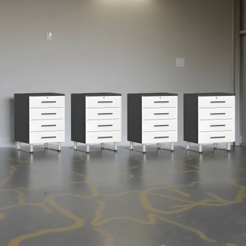 White Modular Set of 4 Four Drawer Base Garage Cabinets