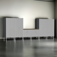 Silver Modular 7-Piece Locking Garage Cabinet Set with Bamboo Worktop