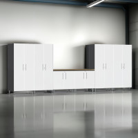 White Modular 7-Piece Garage Cabinet Set with Tall Closets and Worktop