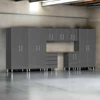 Grey Modular 9-Piece Garage Storage Cabinet System with Bamboo Worktop