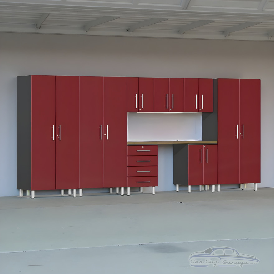 Red Modular 9-Piece Garage Storage Cabinet Set with Workbench