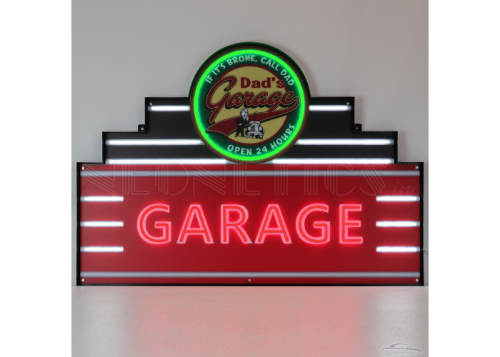 Art Deco Marquee Dad's Garage LED Flex Rope Sign In Steel Can