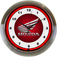 Honda Motorcycle Wings Red Neon Wall Clock, Chrome Bezel - 15" Round