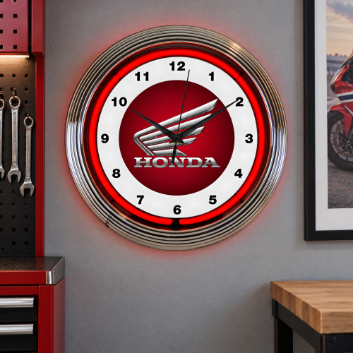 Honda Motorcycle Wall Clock with Red Neon and Chrome Bezel