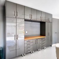 Grey Modular 10-Piece Tall Garage Cabinet System with Bamboo Worktop