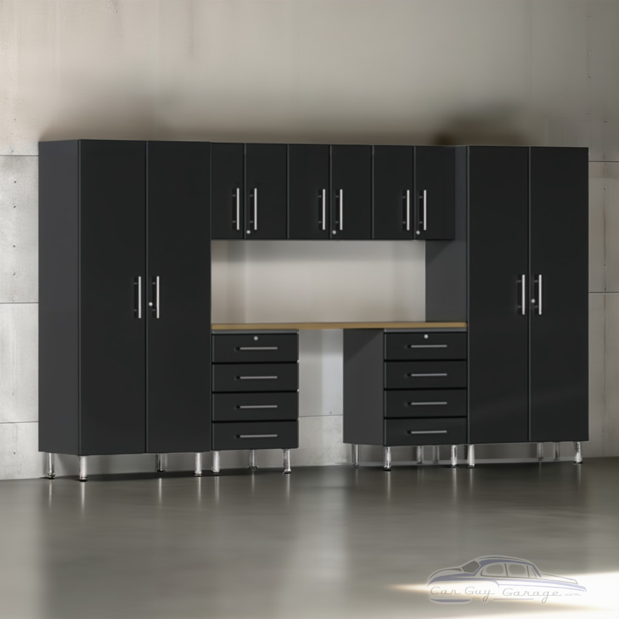 Black Modular 8 Piece Garage Cabinet Kit with Bamboo Worktop Black Modular 8 Piece Garage Cabinet Kit with Bamboo Worktop