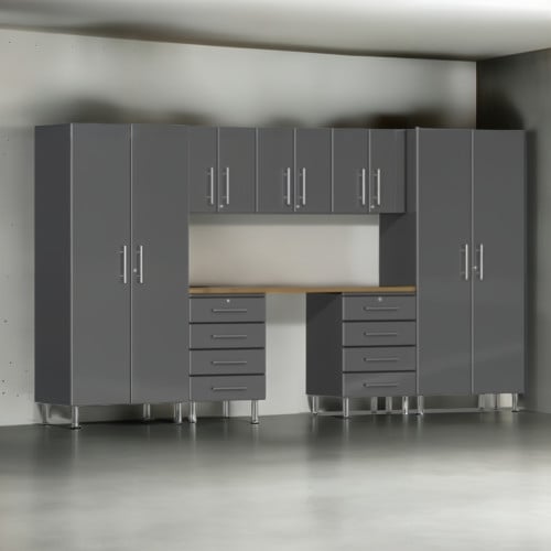Grey Modular 8 Piece Garage Cabinet Kit with Bamboo Worktop