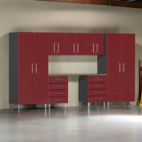 Red Modular 8-Piece Garage Cabinet Kit with Bamboo Workbench Top