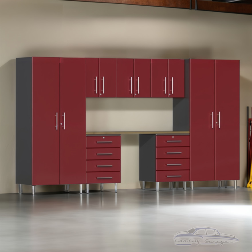 Red Modular 8 Piece Garage Cabinet Kit with Bamboo Worktop Red Modular 8 Piece Garage Cabinet Kit with Bamboo Worktop