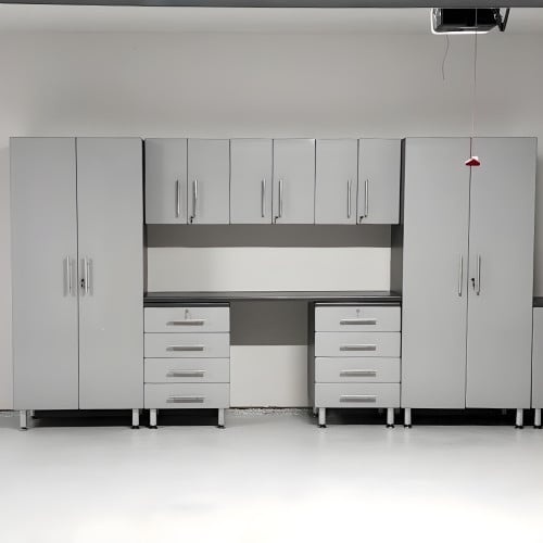 Silver Modular Ulti-Mate 8 Piece Garage Cabinet Set with Bamboo Top