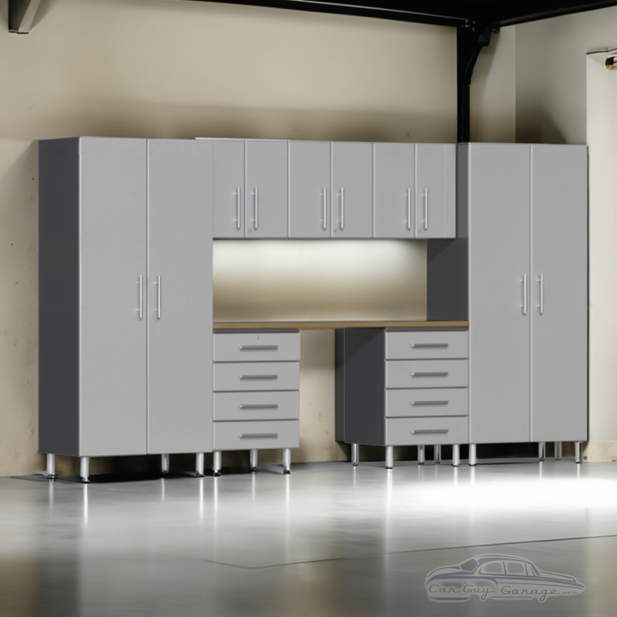 Silver Modular Ulti-Mate 8 Piece Garage Cabinet Set with Bamboo Top
