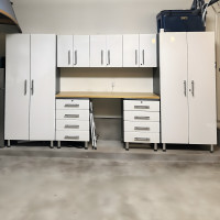 White Modular 8-Piece Garage Cabinet Kit with Bamboo Worktop