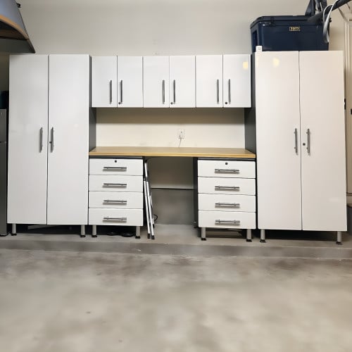 White Modular 8-Piece Garage Cabinet Kit with Bamboo Worktop