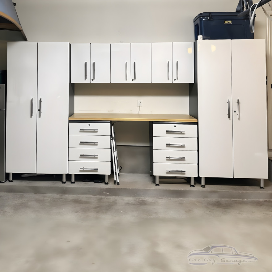 White Modular 8-Piece Garage Cabinet Kit with Bamboo Worktop