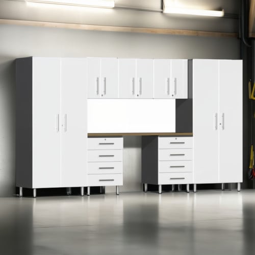 White Modular 8 Piece Garage Cabinet Kit with Bamboo Worktop