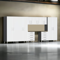 White Modular 9-Piece Garage Cabinet Set with Workbench & Tall Closets
