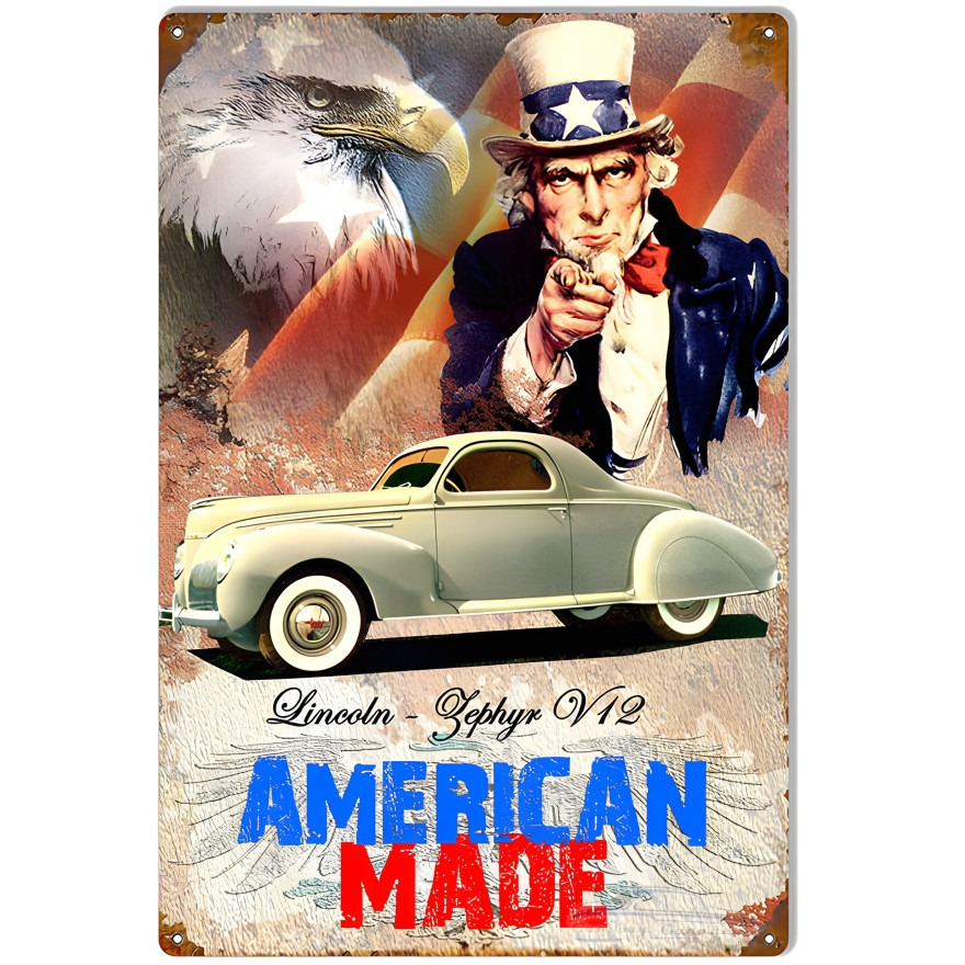 American Made Lincoln Zephyr V12 Metal Sign - 12" x 18" American Made Lincoln Zephyr V12 Metal Sign - 12" x 18"