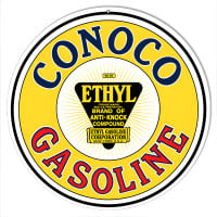 Yellow Conoco Ethyl Gasoline Motor Oil Metal Sign - 14" Round