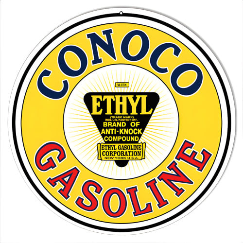Yellow Conoco Ethyl Gasoline Motor Oil Metal Sign - 14" Round