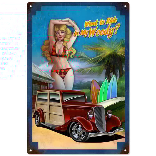 Hot Rod Pin Up Girl Garage Art Metal Sign - 12" x 18"