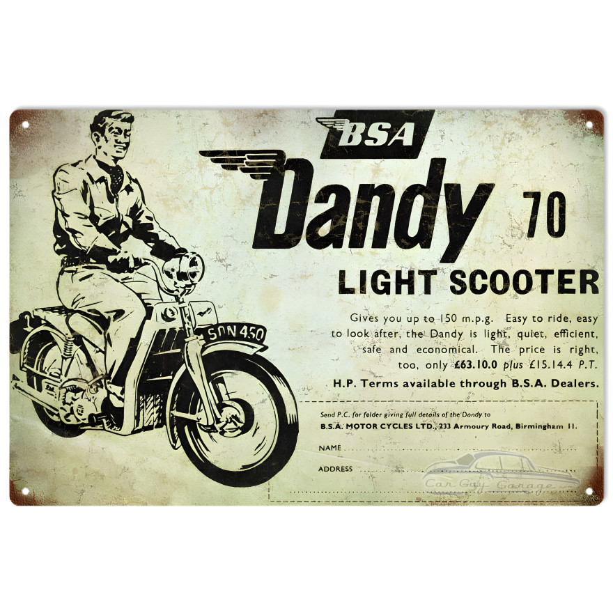 BSA Dandy 70 Light Scooter Birmingham Small Arms Co. Metal Sign - 12" x 18" BSA Dandy 70 Light Scooter Birmingham Small Arms Co. Metal Sign - 12" x 18"