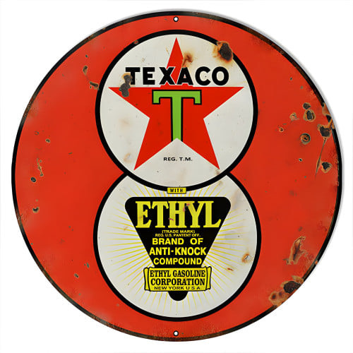 Reproduction Red Ethyl Texaco Motor Oil Metal Sign - 14" Round
