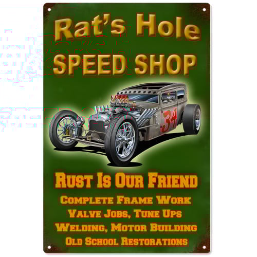 Rat's Hole Speed Shop Hot Rod Metal Sign - 12" x 18"