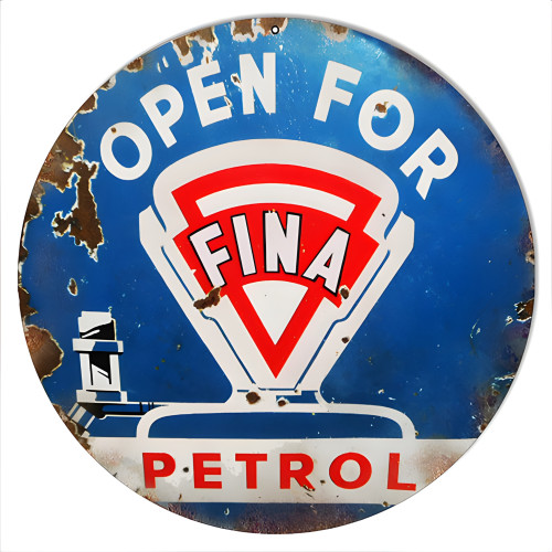 Open Fina Petrol Motor Oil Metal Sign - 14" Round