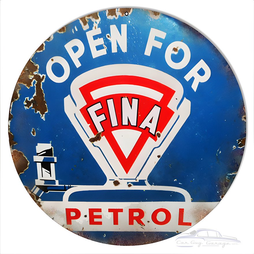 Open Fina Petrol Motor Oil Metal Sign - 14" Round Open Fina Petrol Motor Oil Metal Sign - 14" Round