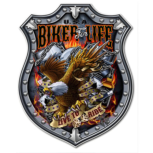 U.S.A. Bikers For Life Live To Ride Shield Metal Sign - 12" x 15"