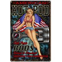 American Hot Rod Pin Up Girl Garage Metal Sign - 12" x 18"