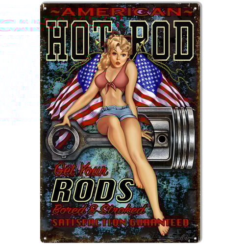 American Hot Rod Pin Up Girl Garage Metal Sign - 12" x 18"