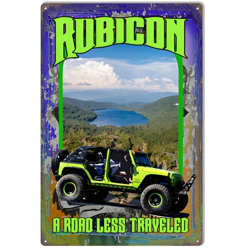 Road Less Traveled Green Jeep Metal Sign - 12" x 18"
