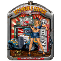 Pin Up Girl Route 66 Gas Pump and Hot Rod Car Metal Sign - 14" x 18"