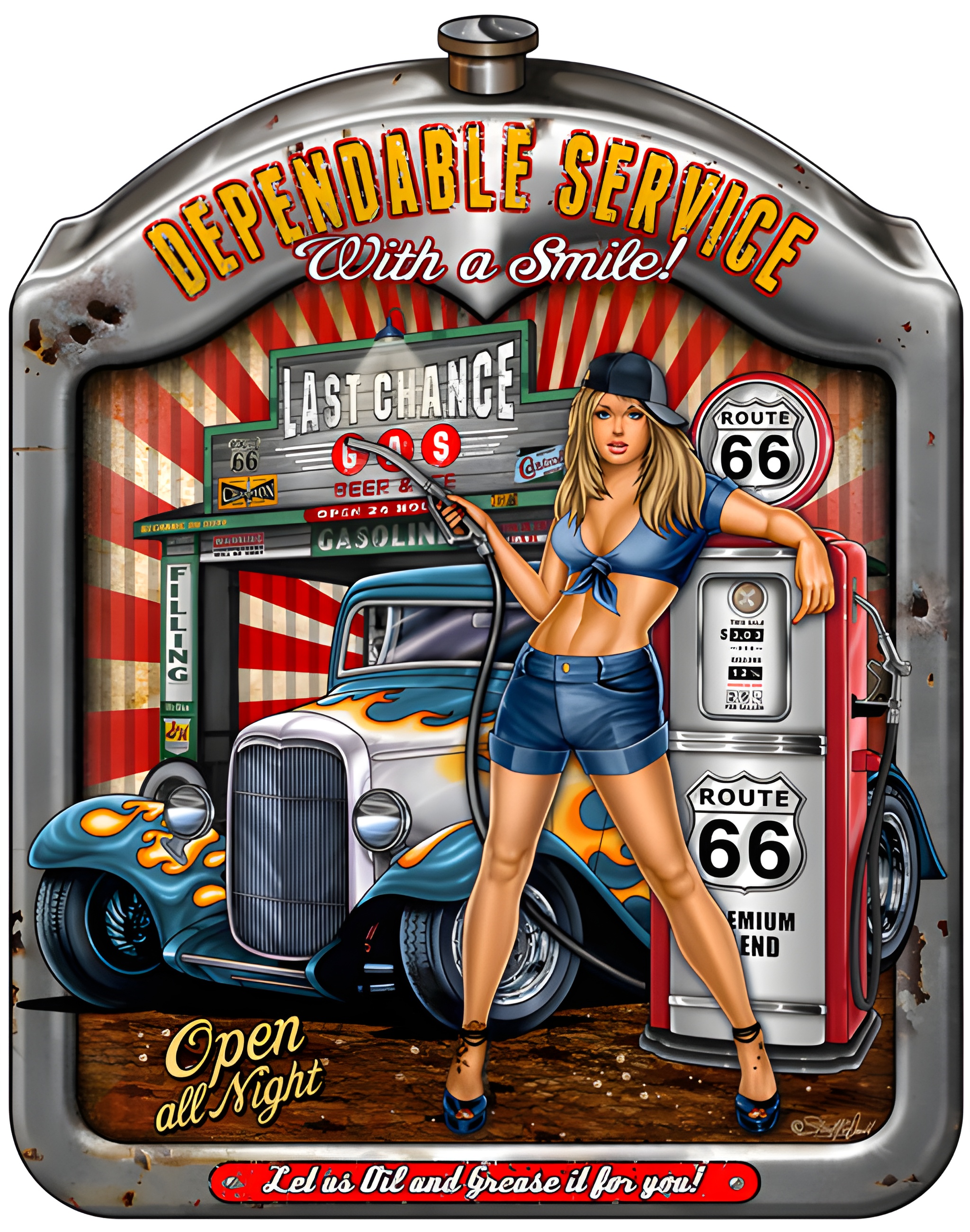 Pin Up Girl Route 66 Gas Pump and Hot Rod Car Metal Sign - 14