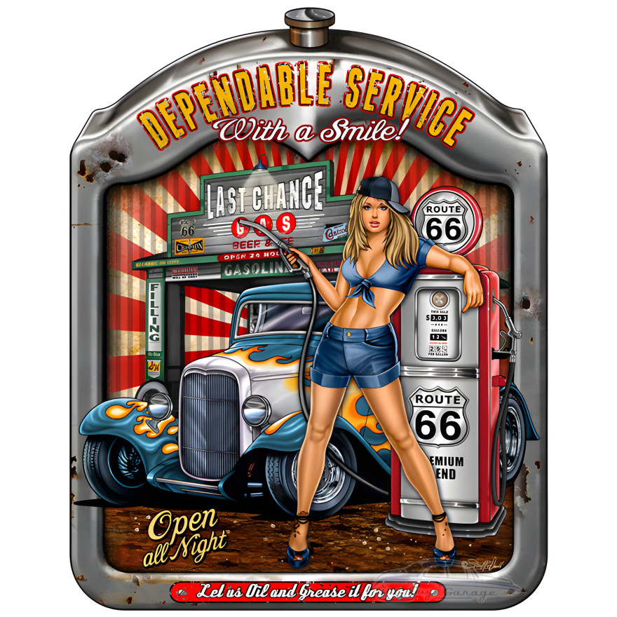 Pin Up Girl Route 66 Gas Pump and Hot Rod Car Metal Sign - 14" x 18" Pin Up Girl Route 66 Gas Pump and Hot Rod Car Metal Sign - 14" x 18"