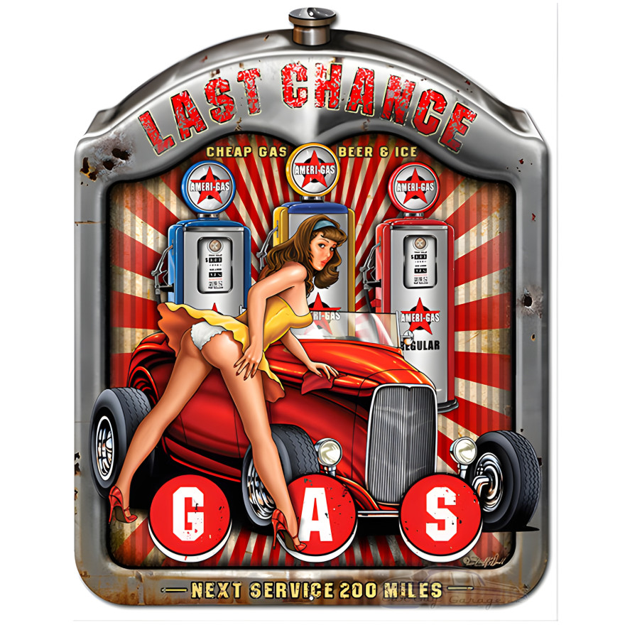 Last Chance Gas Pin Up Girl Metal Sign - 14" x 18" Last Chance Gas Pin Up Girl Metal Sign - 14" x 18"