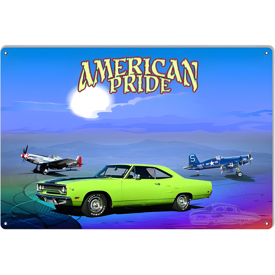 Lime Green 1970 Plymouth Roadrunner American Pride Metal Sign - 12" x 18" Lime Green 1970 Plymouth Roadrunner American Pride Metal Sign - 12" x 18"