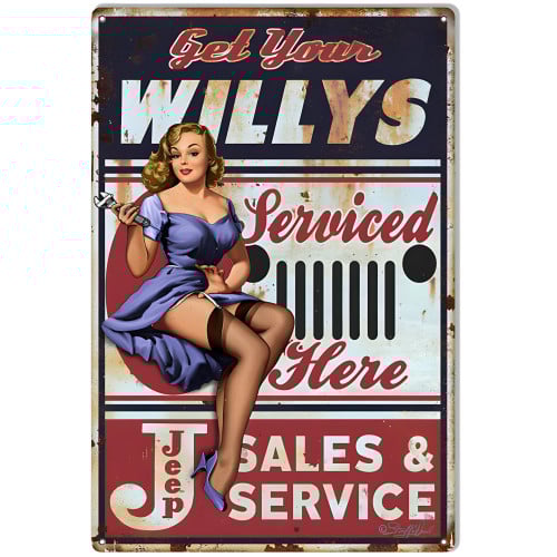 Jeep Willys Pin Up Girl Reproduction Metal Sign - 12" x 18"