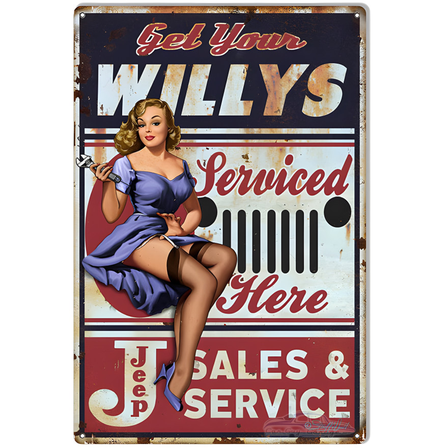 Jeep Willys Pin Up Girl Reproduction Metal Sign - 12" x 18" Jeep Willys Pin Up Girl Reproduction Metal Sign - 12" x 18"