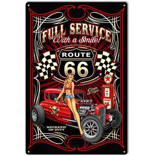 Hot Rod Pin Up Girl Route 66 Gas Station Metal Sign - 12" x 18"