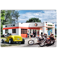 1934 Yellow Roadster Being Admired By Passing Motorcycles Metal Sign - 12" x 18"