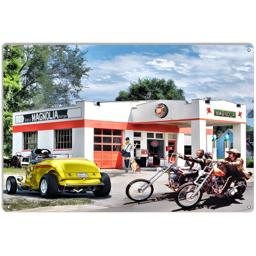 1934 Yellow Roadster Being Admired By Passing Motorcycles Metal Sign - 12" x 18"